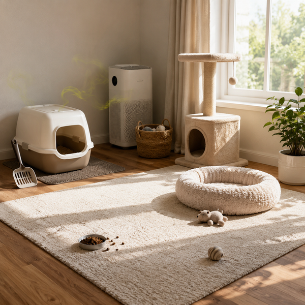 Clean-looking pet room with rug, litter area, and subtle signs of lingering odor