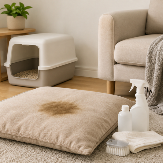 Pet living room with cleaning supplies beside a fabric cushion and litter area