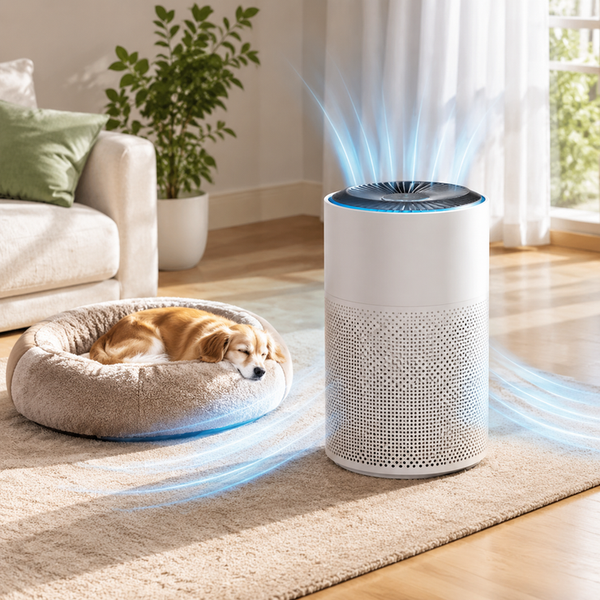 Air purifier stands beside a pet bed in an open, uncluttered living room