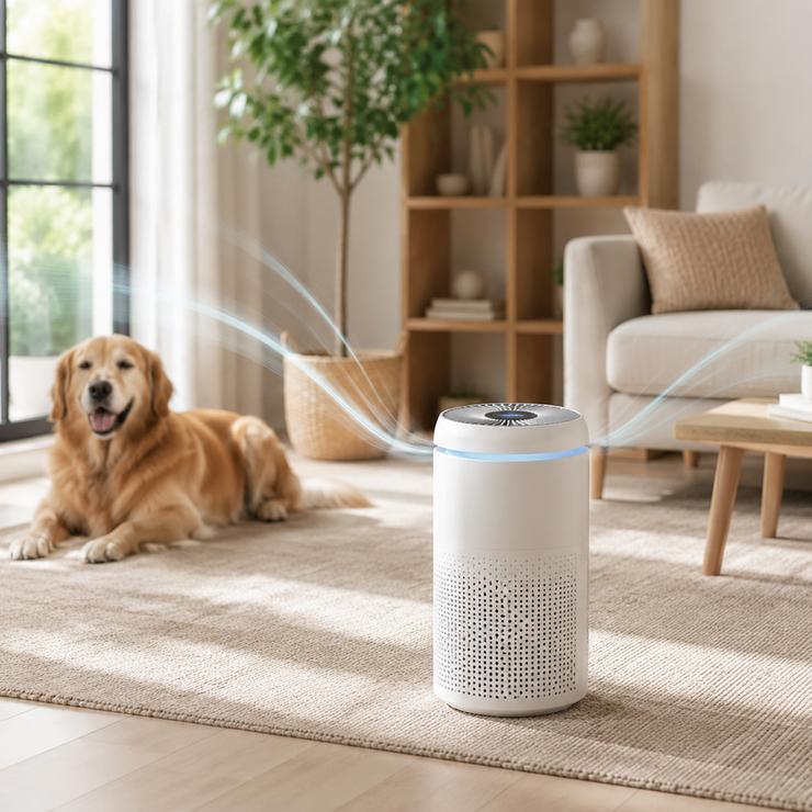 Portable air purifier standing in an open living room with unobstructed surrounding space