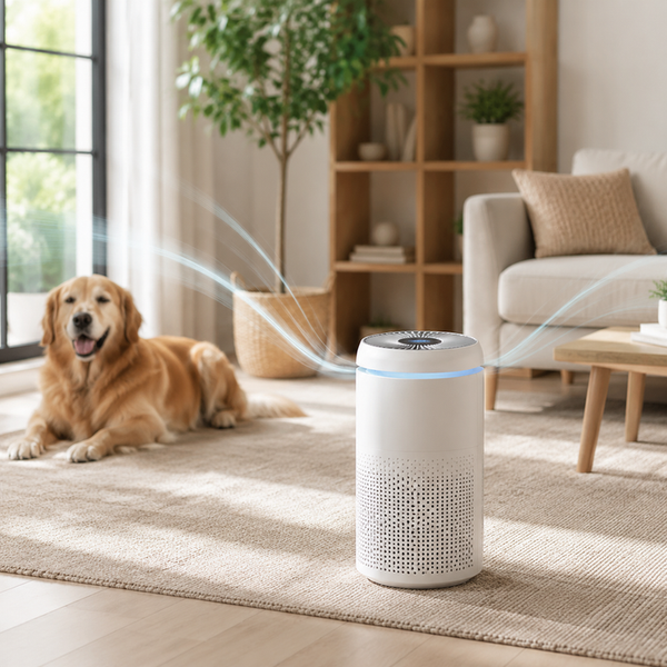 Portable air purifier standing in an open living room with unobstructed surrounding space