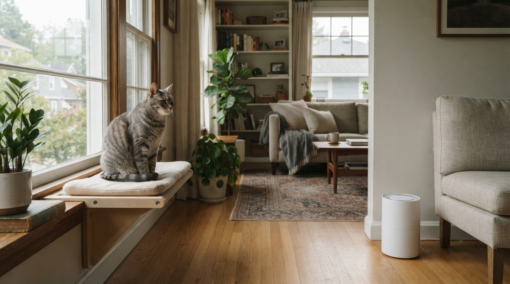 Gray tabby cat on a window perch looking toward an unbranded white air purifier in a living room
