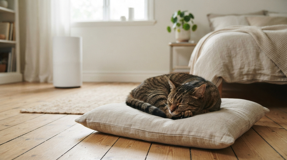A tabby cat curled on a low cushion in a quiet room with an unbranded white air purifier across the room.