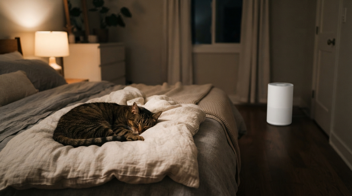 A sleeping cat rests in a dim bedroom while a compact air purifier sits across the room