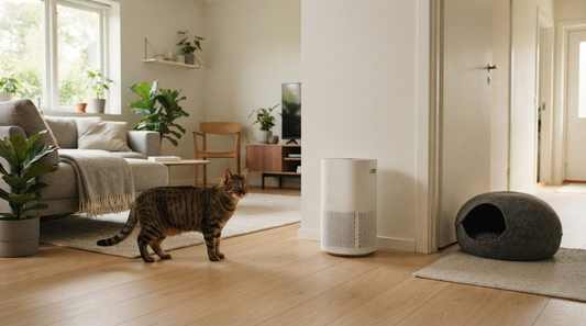 A tabby cat stands near an unbranded white air purifier in a quiet living room with a covered cat bed by an open doorway.