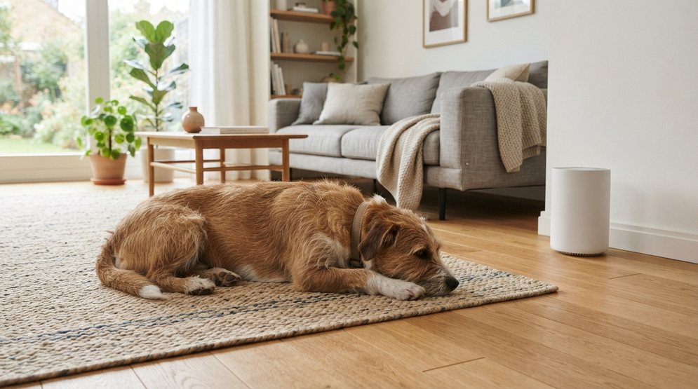 A calm dog resting on a rug while a small unbranded air purifier stands quietly across the room