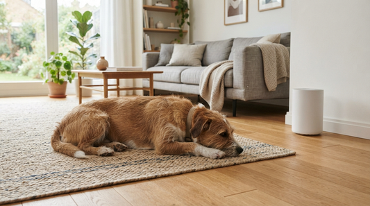 A calm dog resting on a rug while a small unbranded air purifier stands quietly across the room