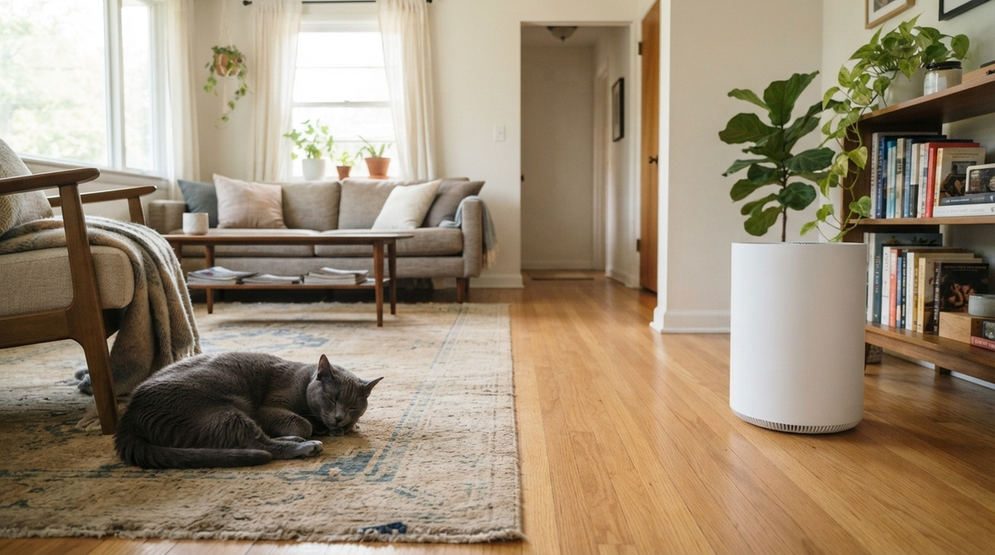 A gray cat resting on a rug several feet from a plain white air purifier in a sunlit living room