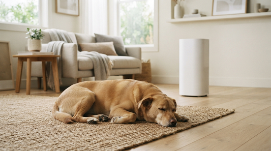 A tan dog resting on a rug in a bright living room with an unbranded white air purifier in the background.