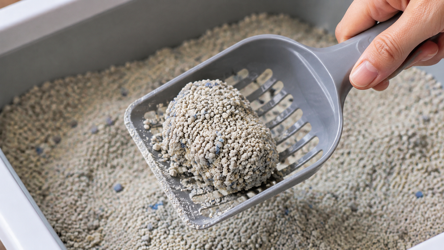 Scoop lifting an intact clump from low-dust cat litter