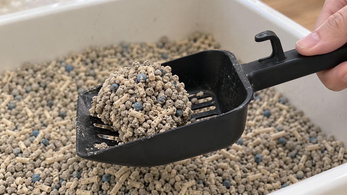 Hand lifting an intact clump of mixed cat litter with a black scoop