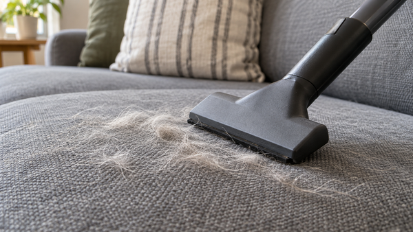 Phone photo of a vacuum collecting cat hair from a sofa