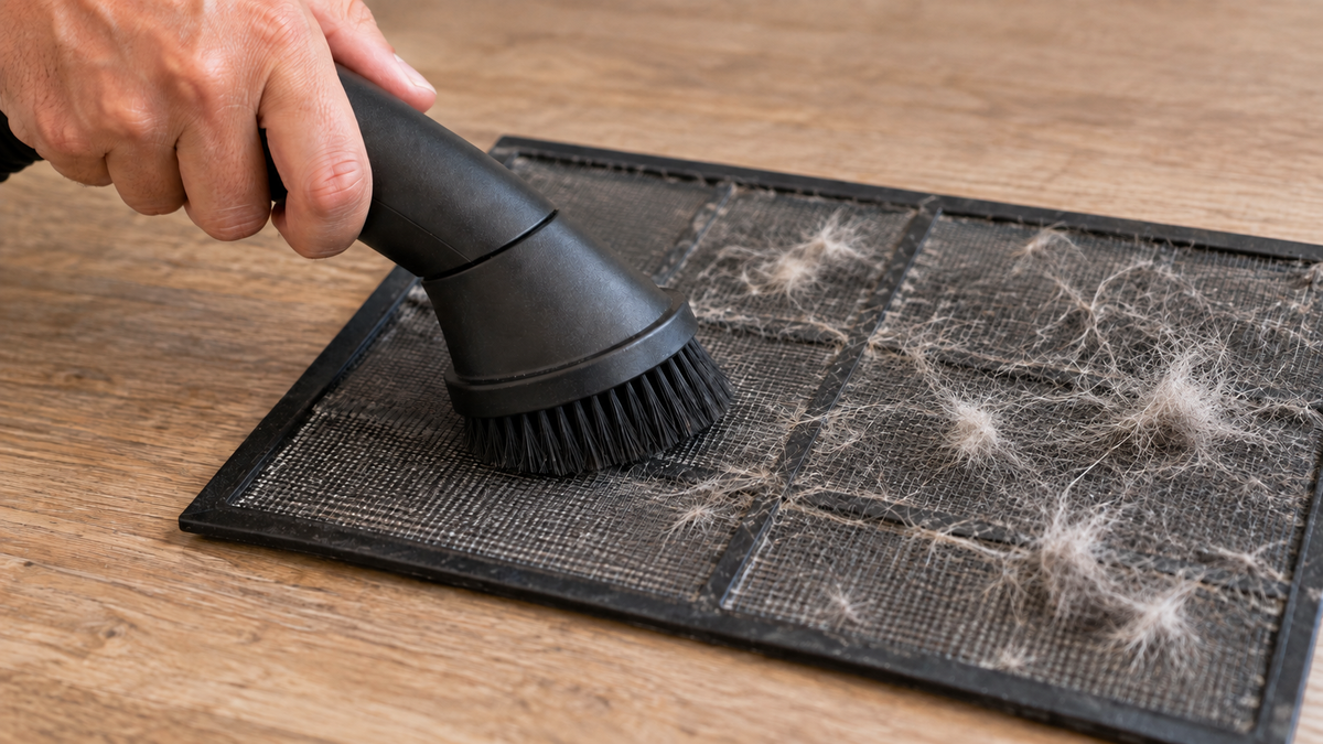Phone photo of a hand vacuuming pet hair from a pre-filter