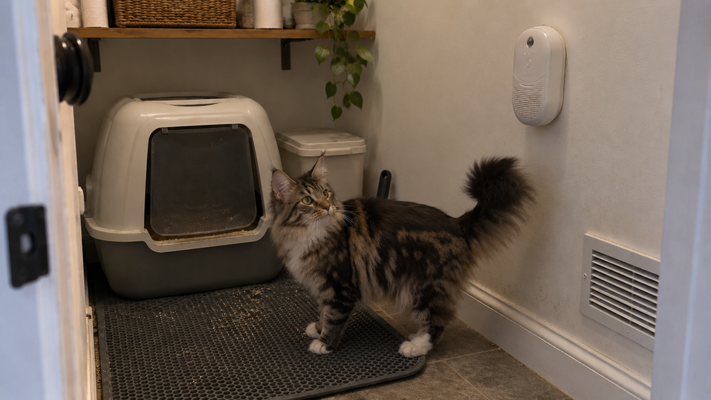 A lived-in small litter room shows safe ventilation, a worn mat, and a wall-mounted deodorizer.
