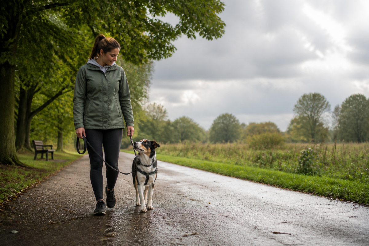 Dog and owner walking cautiously on a shaded path under changing weather