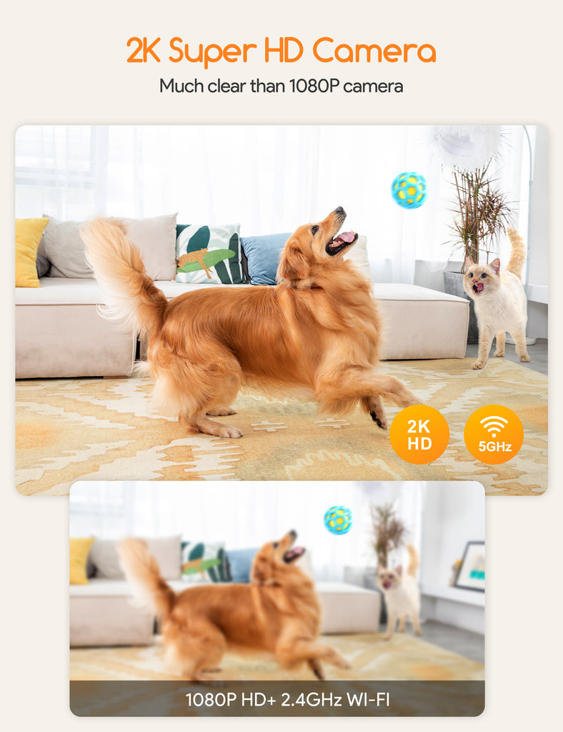 Promotional image for Meowant dog treat dispenser highlighting 2K Super HD camera clarity compared to 1080P, featuring a golden retriever playfully jumping in a living room
