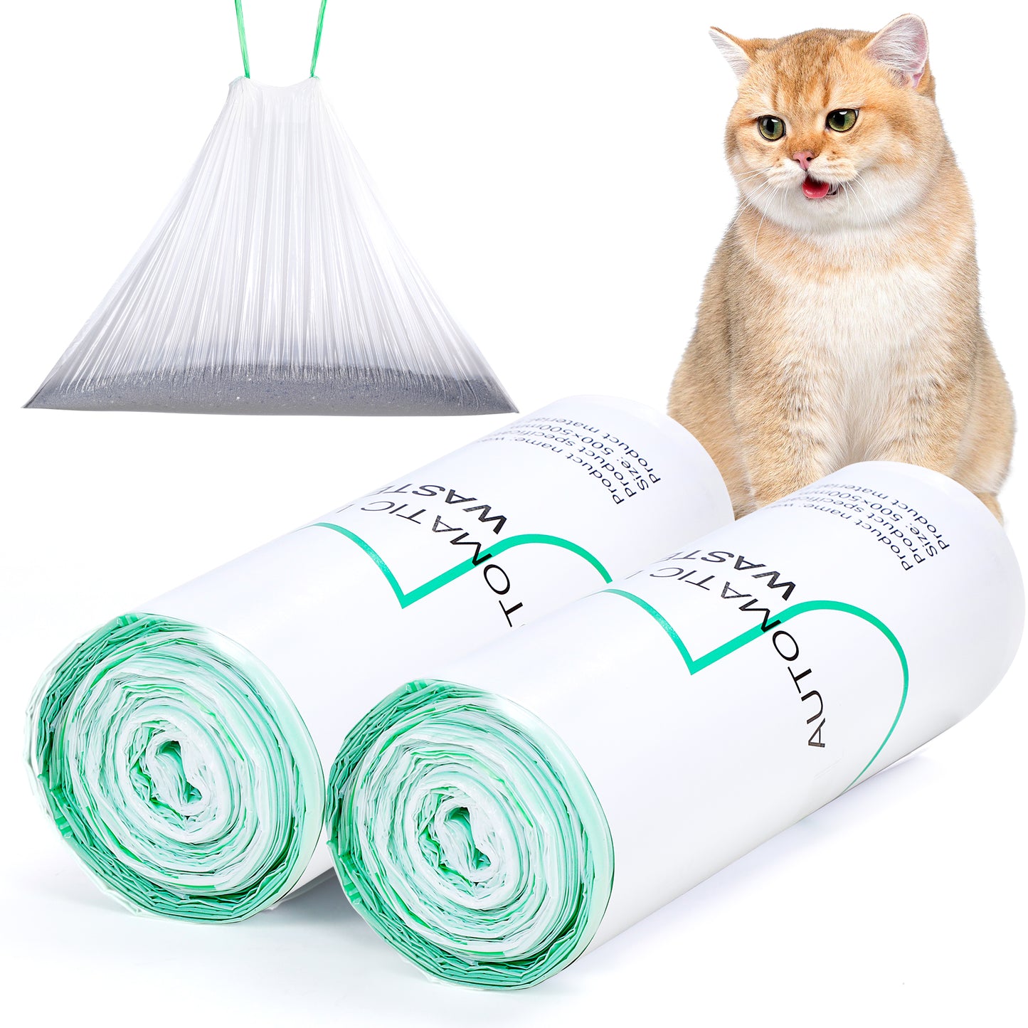 Two rolls of MeoWant green cat litter box liners from MeoWant with displeased brown cat, designed for easy and hygienic waste management in self-cleaning litter boxes