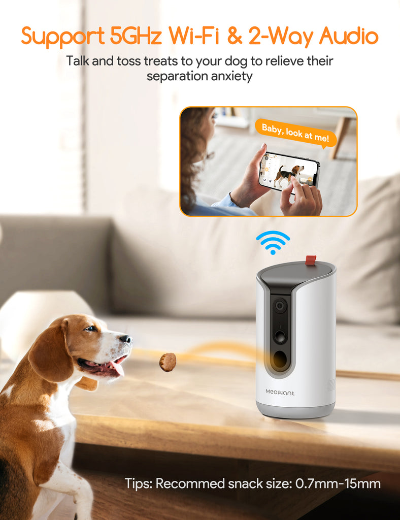Meowant Dog Treat Dispenser with 2K Camera in action, tossing a treat to an attentive beagle, demonstrating 5GHz Wi-Fi and 2-way audio features, perfect for easing pet separation anxiety.
