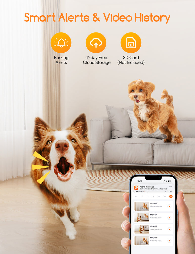 Interactive dog monitor advertisement showing two dogs playing, one leaping towards the camera, with icons for barking alerts, cloud storage, and SD card storage, plus a smartphone displaying live dog video feed