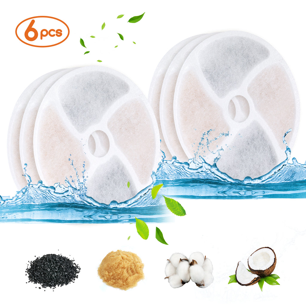 Pack of six Meowant pet fountain filters removing calcium and magnesium from water, highlighted with natural filter materials like activated carbon and cotton