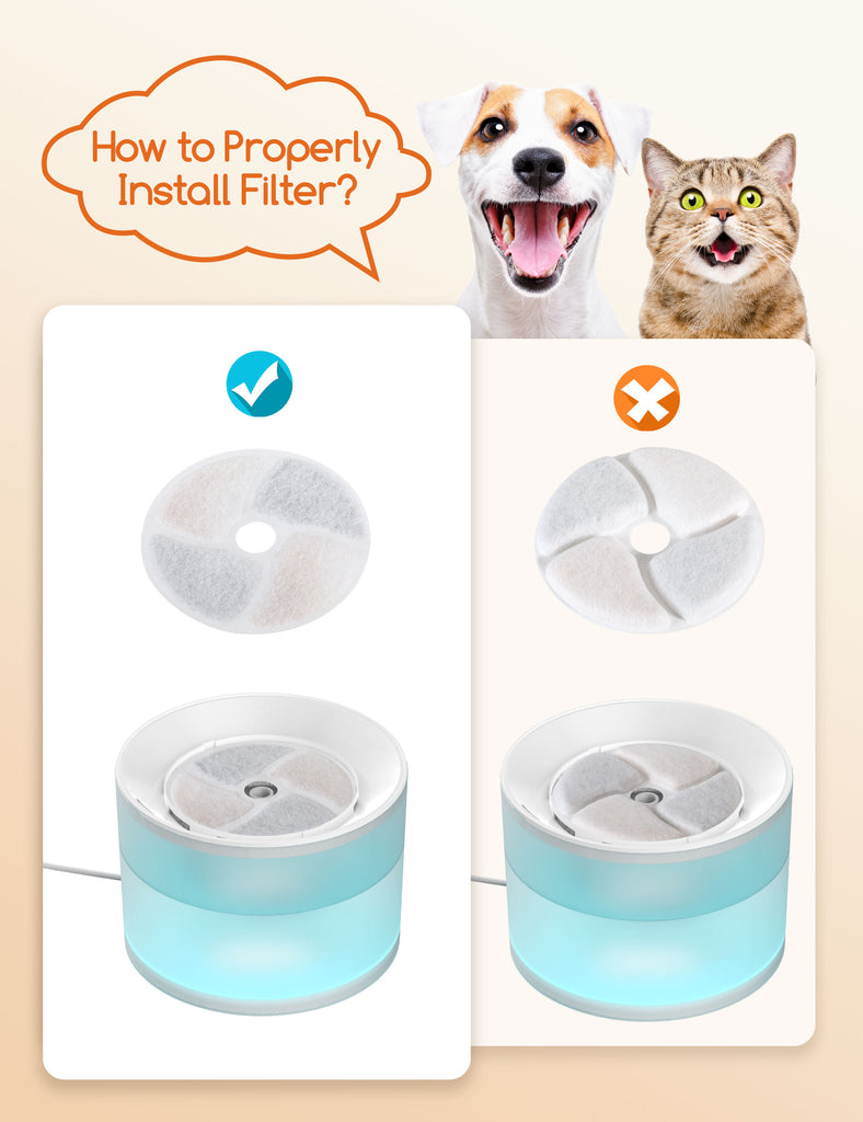 Instructional guide on correctly installing a filter in a Meowant pet fountain, featuring correct and incorrect methods with a joyful dog and cat illustration.