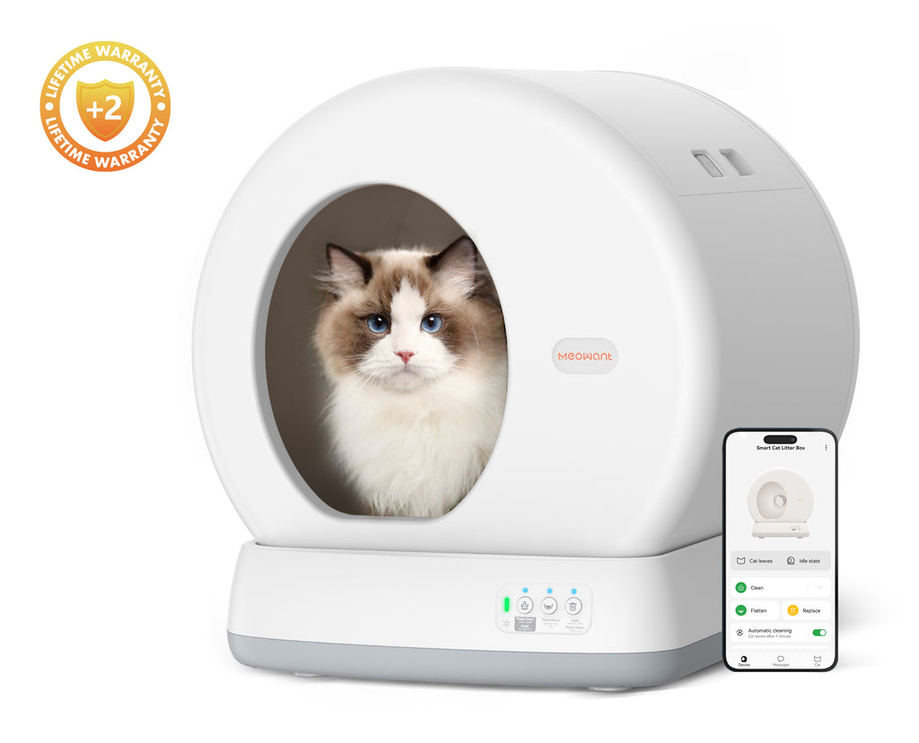 Ragdoll cat inside a Meowant self-cleaning litter box displaying app connectivity and extended warranty badge