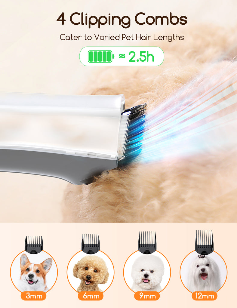 Electric pet hair clipper cutting through light dog fur, showing adjustable blades for varied hair lengths with 3mm, 6mm, 9mm, 12mm combs and a 2.5-hour battery life indicator