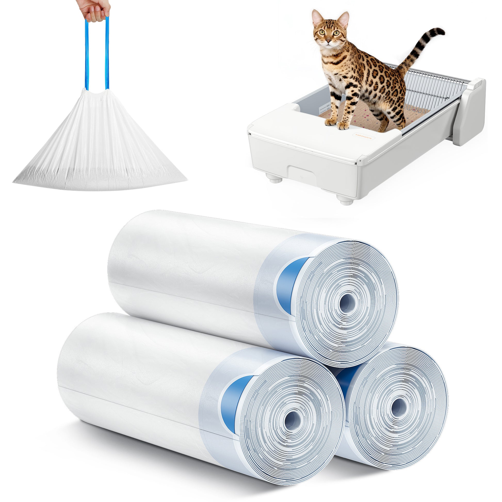 Disposable cat litter bags in white rolls with blue accents, for pet waste cleanup.