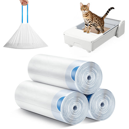 Disposable cat litter bags in white rolls with blue accents, for pet waste cleanup.