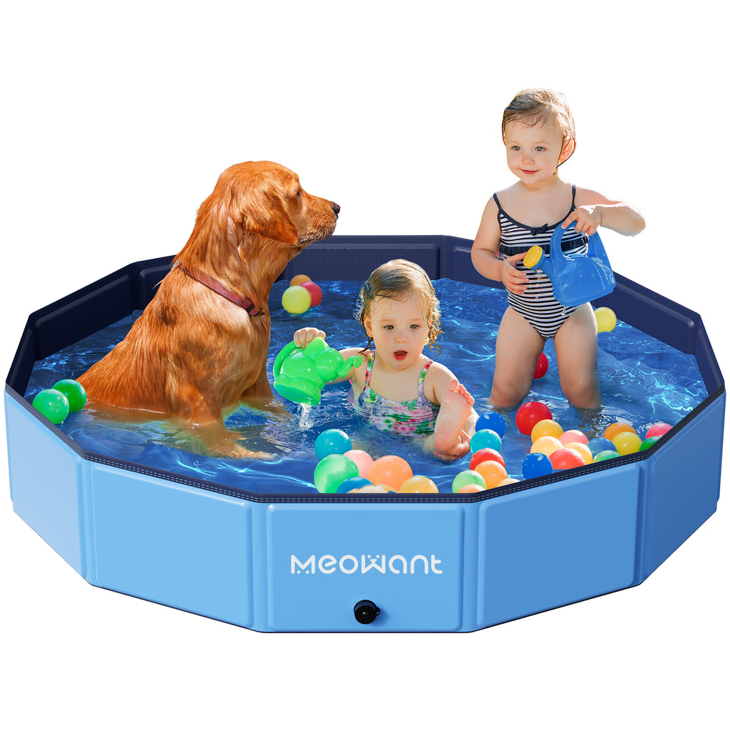 Golden retriever and children playing in MeoWant foldable dog pool with colorful balls, showcasing ease of use and multipurpose functionality