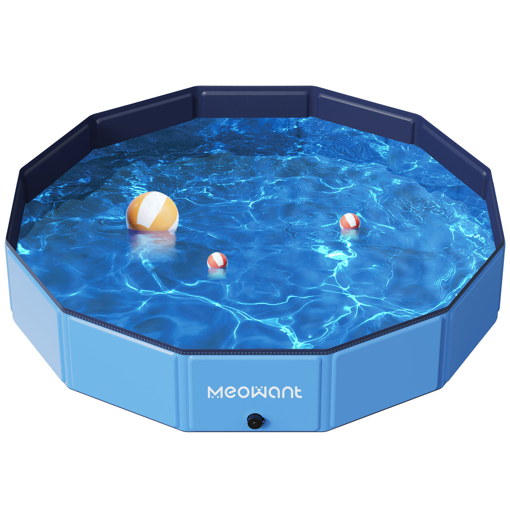 Meowant foldable dog pool in blue, featuring a no-inflate design with sturdy materials and enhanced drainage system, perfect for pets and kids