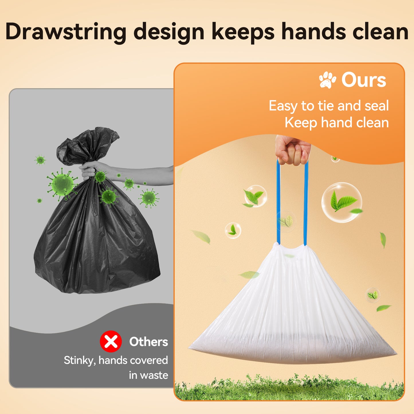 White drawstring garbage bags with easy tie and seal, keeping hands clean during disposal.
