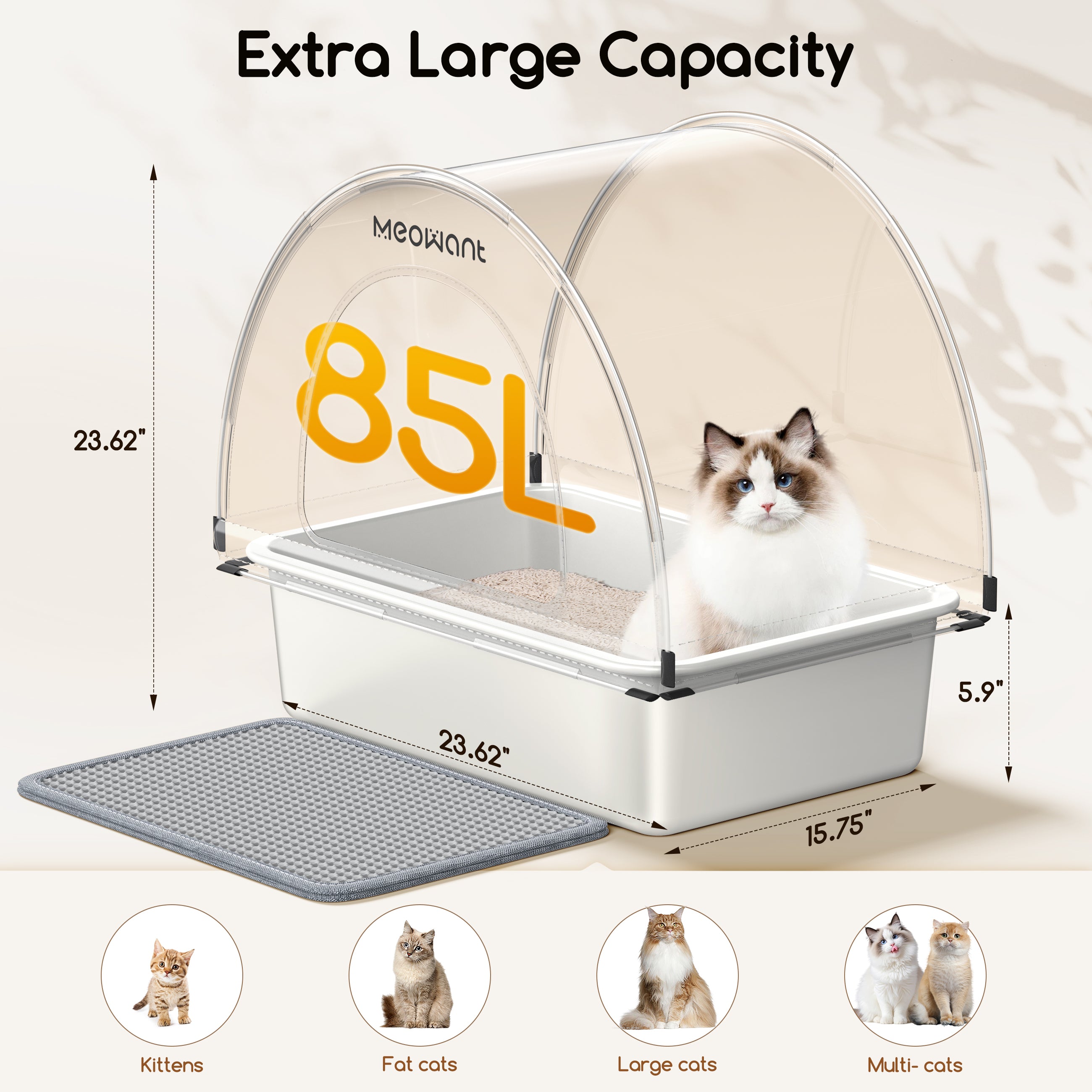 Meowant 3-In-1 Stainless Steel Cat Litter Box With Lid-LB03