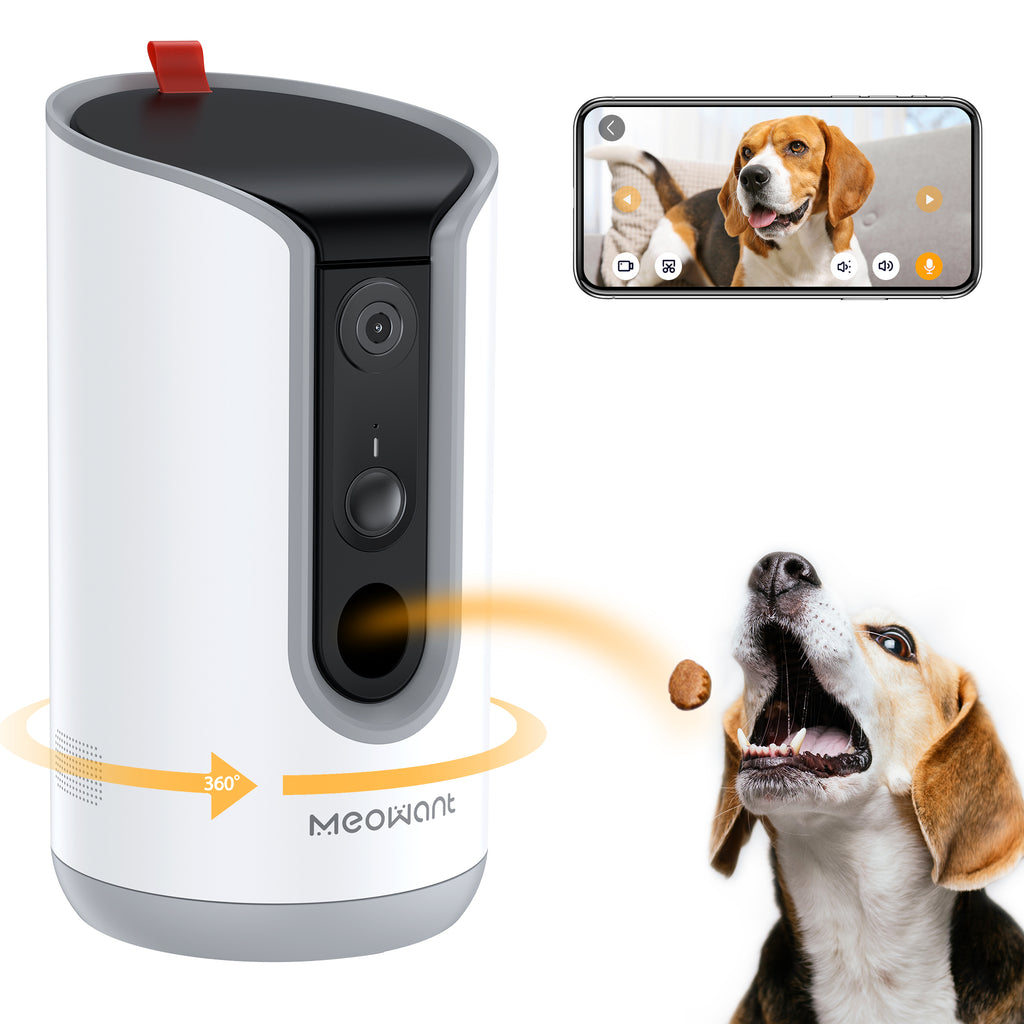 Meowant Dog Treat Dispenser with 2K Camera showing 360-degree view functionality and a mobile app screen of a dog catching a treat