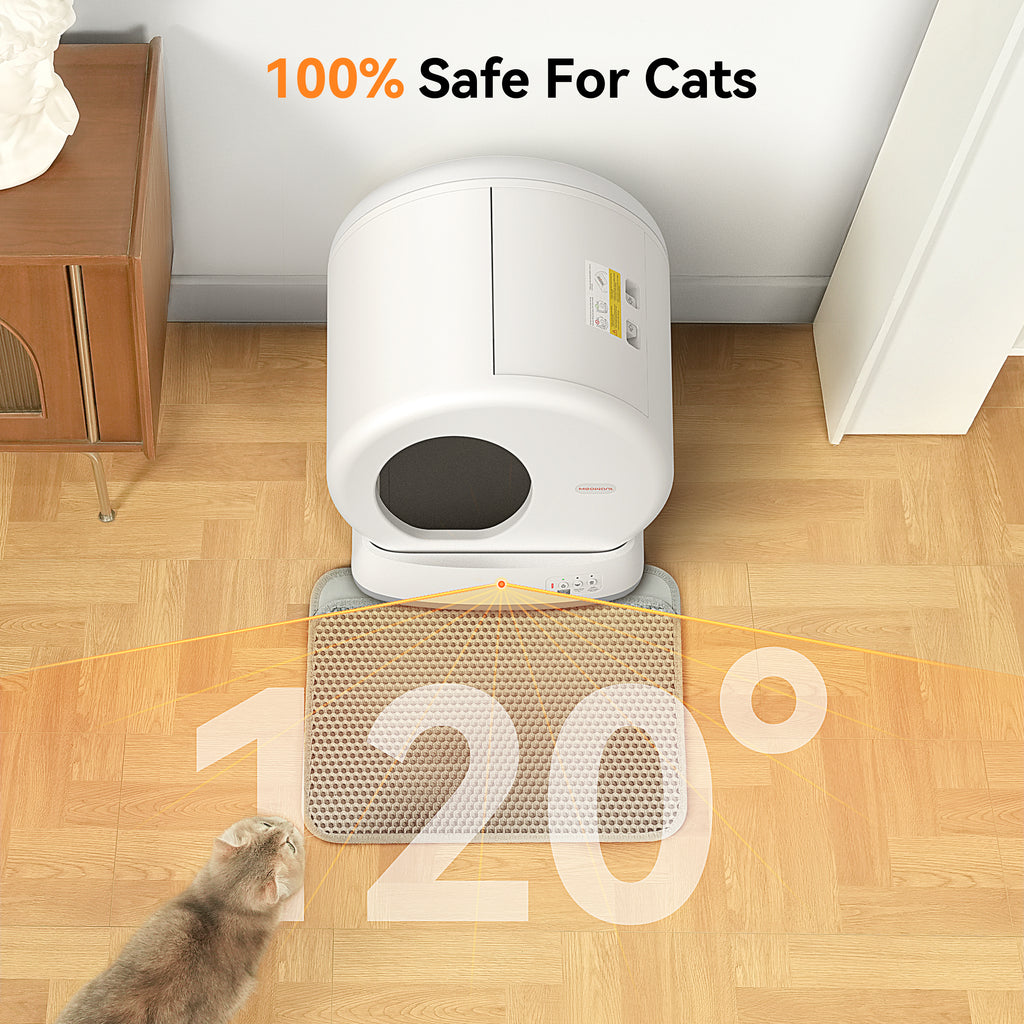 Self-cleaning Meowant cat litter box with 120-degree entry and a curious cat on a patterned mat, highlighting it's 100% safety for cats