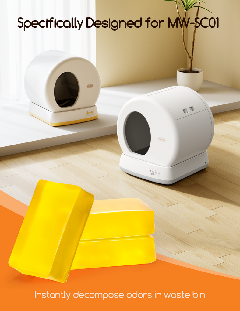 Two MeoWant MW-SC01 self-cleaning litter boxes in a home environment with text stating specially designed for MW-SC01 and instantly decompose odors in waste bin