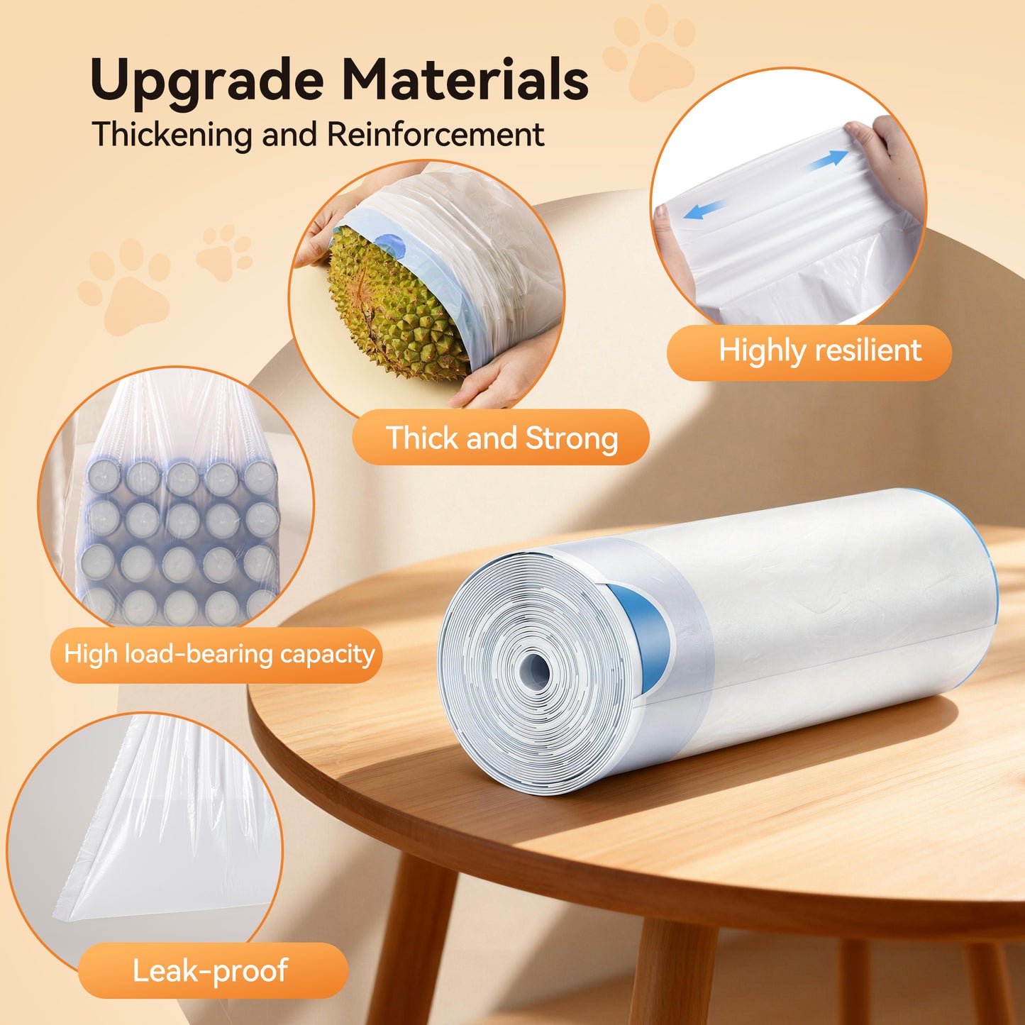 Upgraded materials garbage bags: thick, strong, leak-proof, resilient, high capacity.