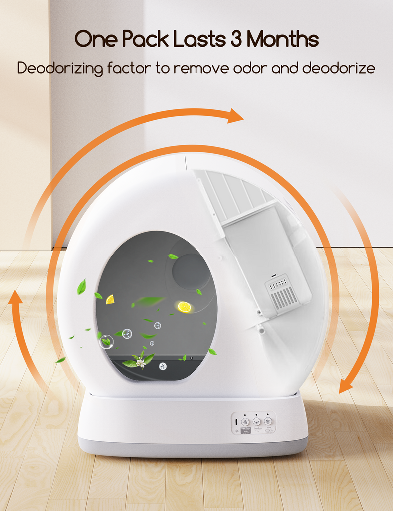 Self-cleaning smart litter box from Meowant showcasing its deodorizing effectiveness, with text highlighting that one pack lasts 3 months for odor control.
