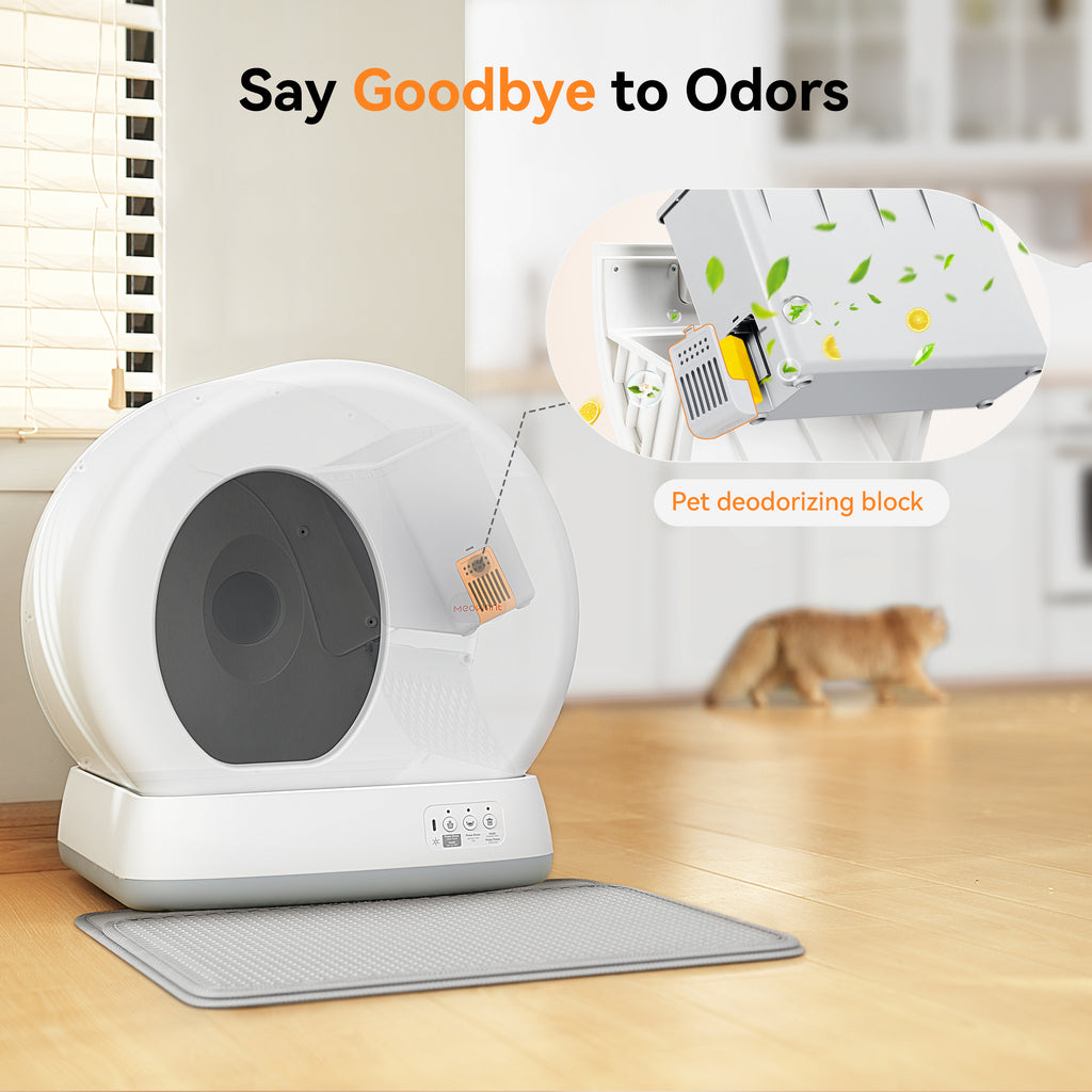 Meowant Self-Cleaning Cat Litter Box in home setting with emphasis on odor control and pet deodorizing block, highlighted with text 'Say Goodbye to Odors'