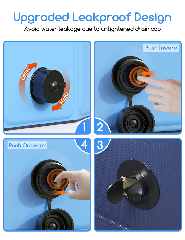 Illustration of upgraded leakproof drain cap design for foldable dog pool showing step-by-step usage instructions to ensure efficient and secure closure, featuring push and pull actions and lock indicators