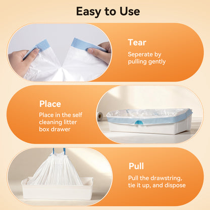 How-to guide for easy disposable litter box liners: tear, place, pull drawstring, tie, and dispose.