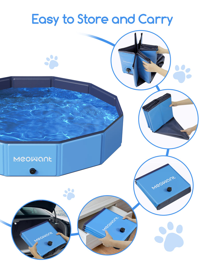 Meowant foldable dog pool shown filled with water, alongside insets demonstrating easy folding and portability features, emphasizing its convenience and compact design.