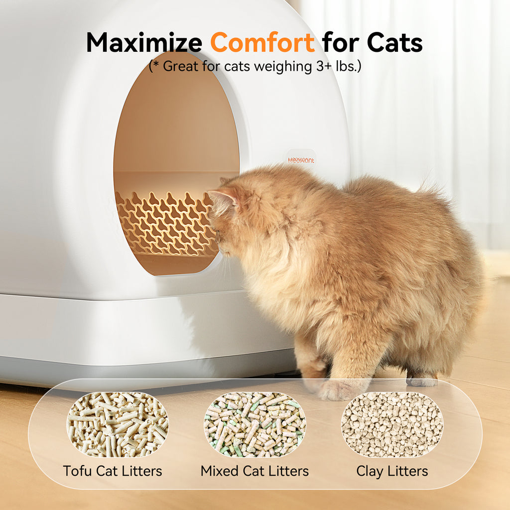 Fluffy light-brown cat examining Meowant self-cleaning litter box, suitable for cats over 3 lbs, with types of cat litters displayed below: tofu, mixed, and clay