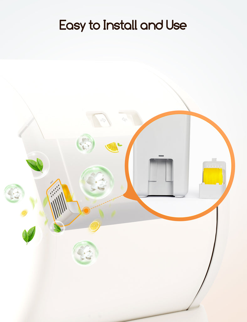 Close-up of MeoWant self-cleaning litter box emphasizing ease of installation and use, with graphics of freshness symbols like leaves and lemons