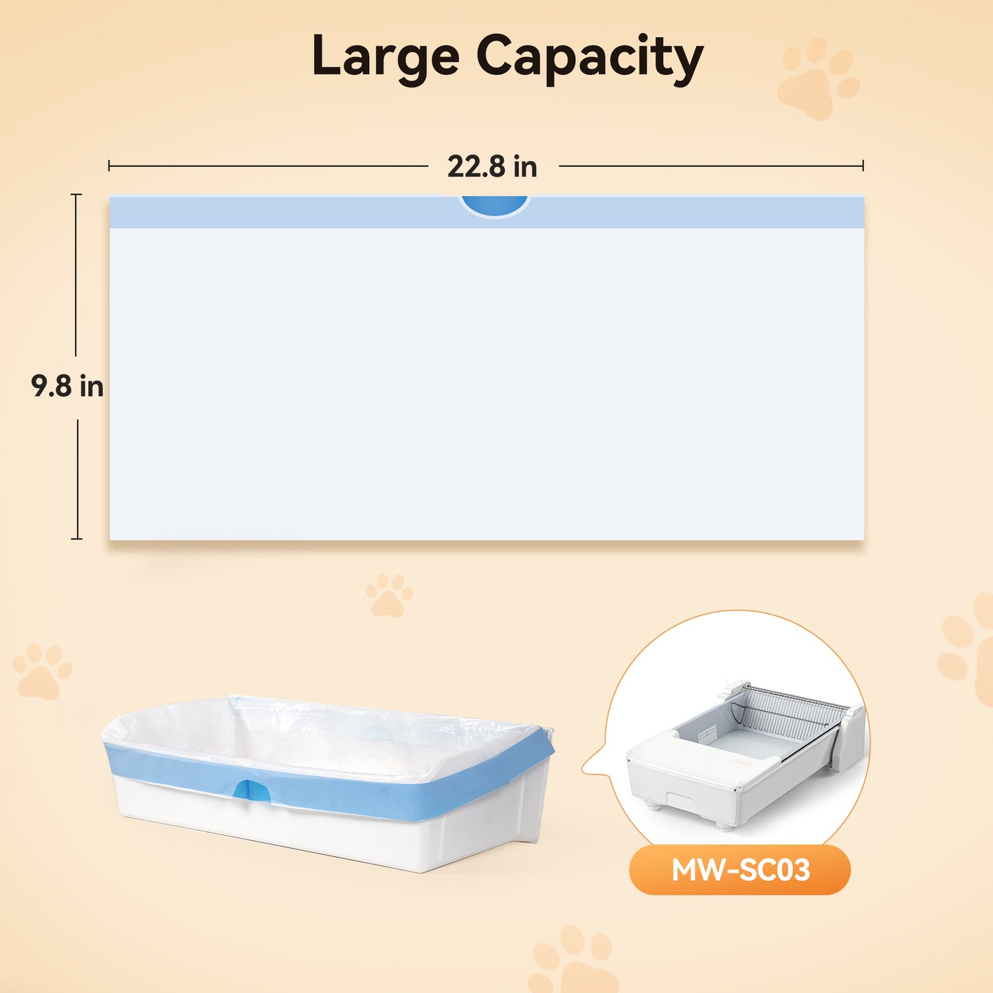 Large capacity pet litter box (22.8x9.8 in) with standard liner & automatic MW-SC03 models shown.