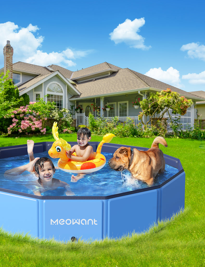 Children and dog enjoying summer day in Meowant foldable dog pool with durable non-slip design, perfect for backyard family fun