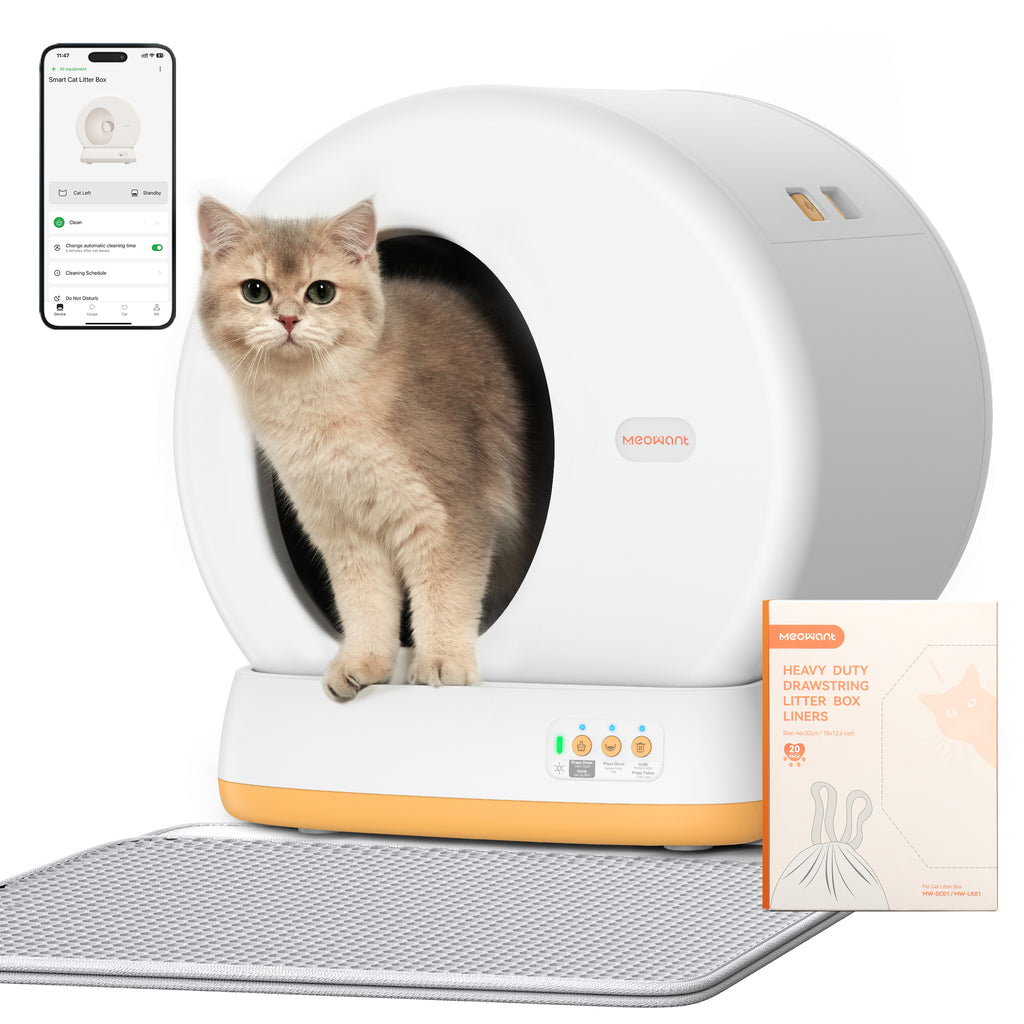 Fluffy cat using Meowant Self-Cleaning Cat Litter Box MW-SC01, with indicator lights on and app for health monitoring displayed on a smartphone, alongside heavy-duty litter box liners
