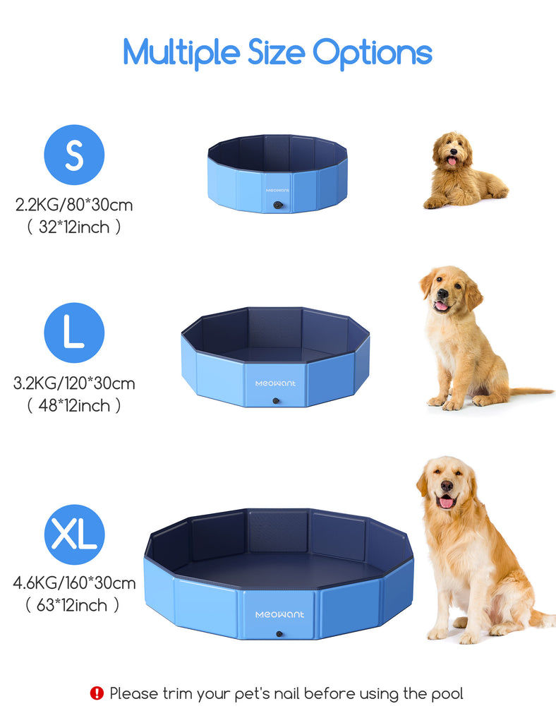 Foldable dog pool in multiple sizes with displayed measurements next to different dog breeds and a safety reminder to trim pet's nails