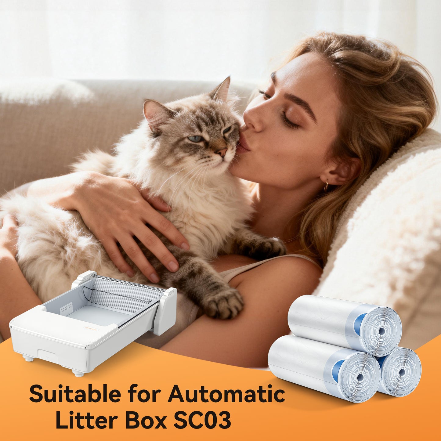 White automatic litter box liners for SC03, with litter box and woman kissing cat.