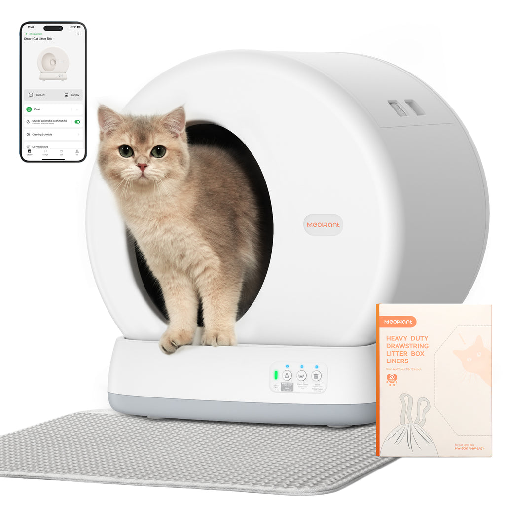 Meowant MW-SC01 self-cleaning cat litter box with a cat inside, smartphone app for health monitoring, and a packet of Ultra-thick Litter Box Liners